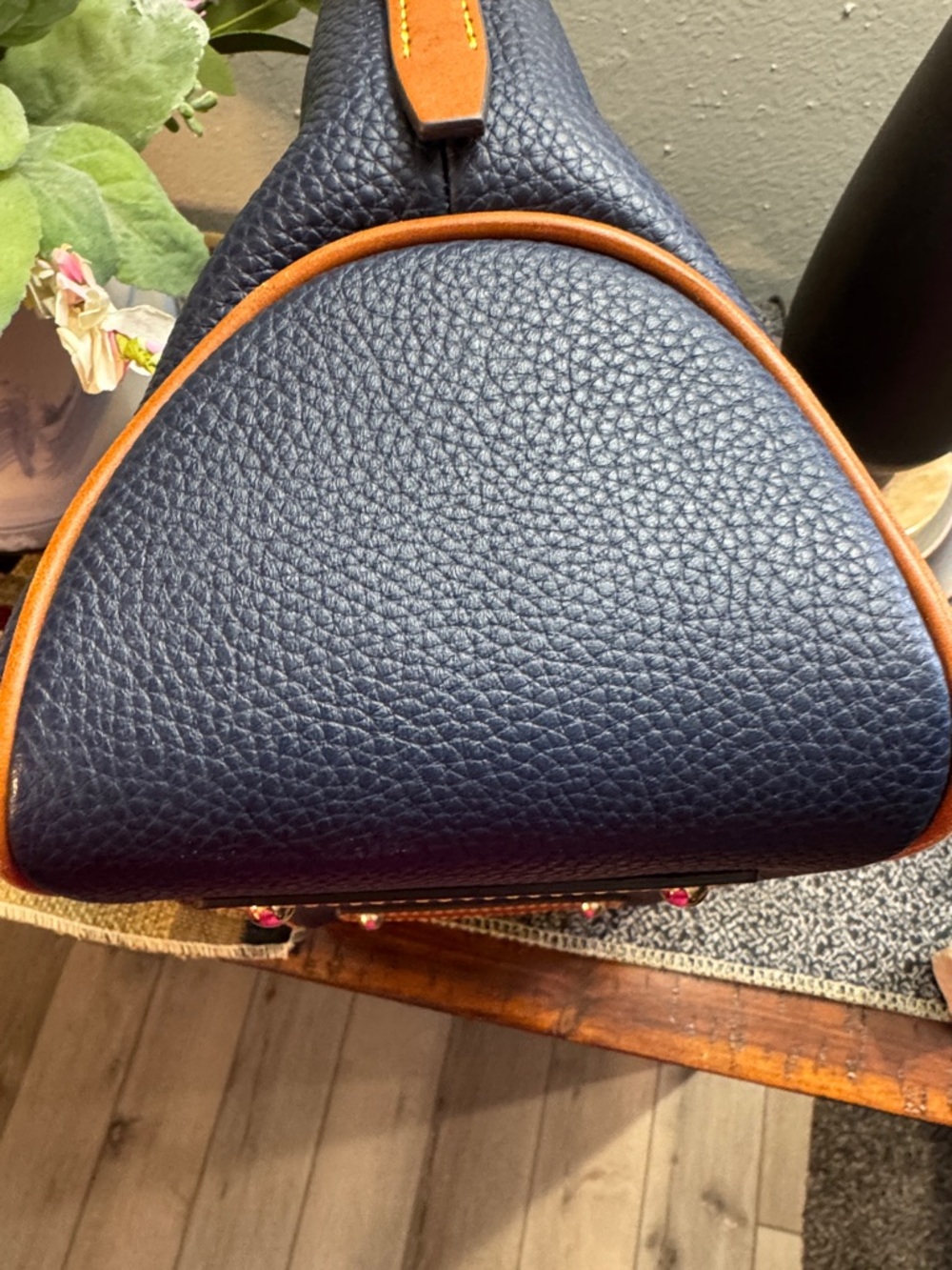 Dooney & Bourke Navy Pebbled Leather Crossbody Satchel with Brown Trim - Picture 7 of 10